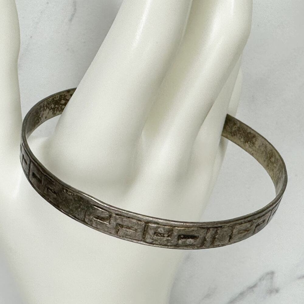 Vintage Taxco Mexico Silver Tone Greek Key Meander Pattern Bangle Bracelet ✨